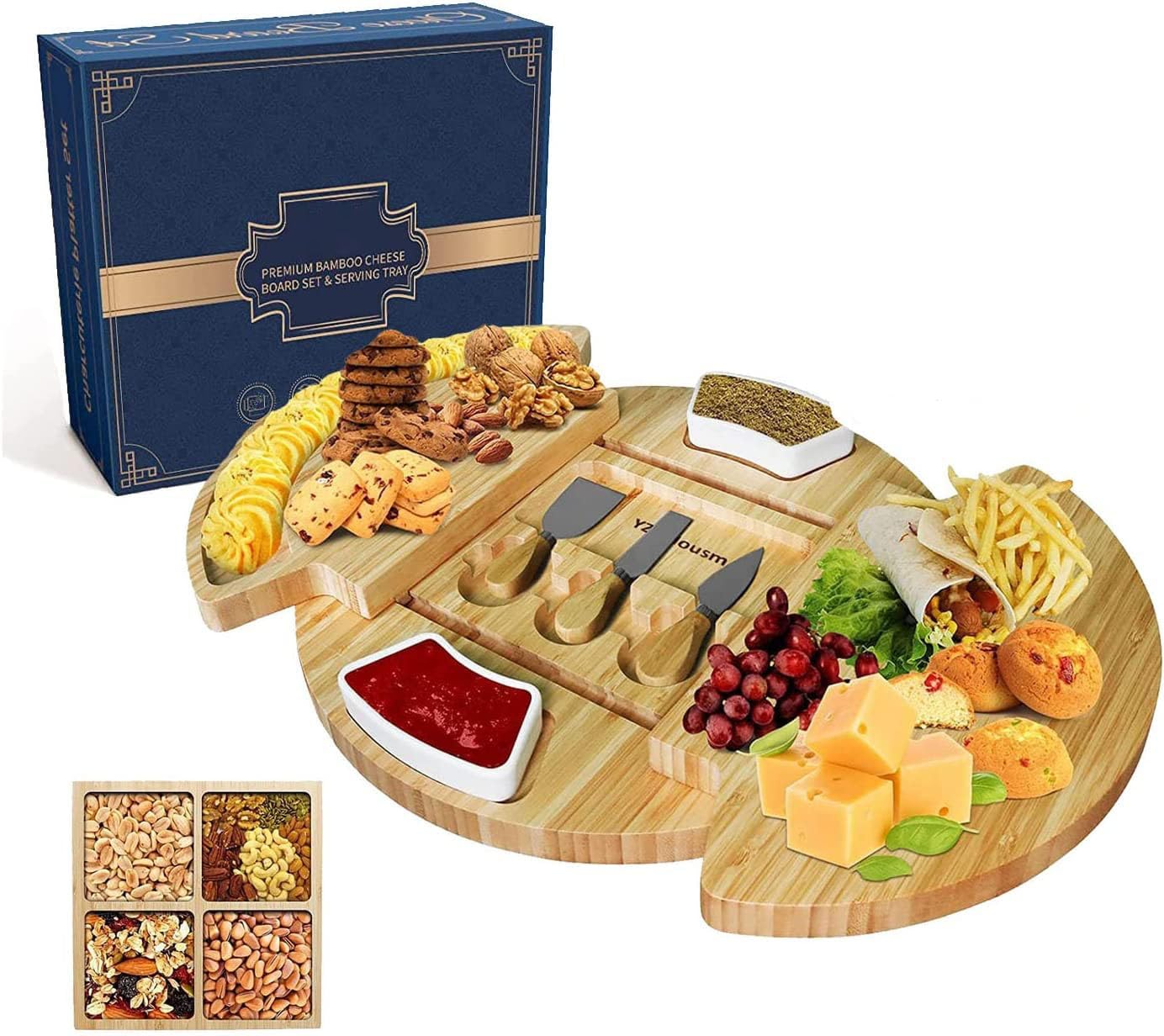 Dayer Home Cheese Board mit Knife Set,Cheese Knife Set for Charcuterie Boards, Unique Large Round Bamboo Cheese Board Accessories for Couple, Entertaining,Wedding, House Warming, Anniversary