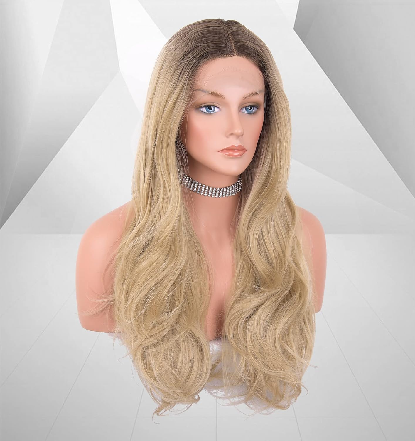 Dark Brown Ombre Blonde Lace Front Wigs for Women Glueless Synthetic Hair Wavy Wig with Flawless Hairline 24 inches Heat Safe EALGA-001