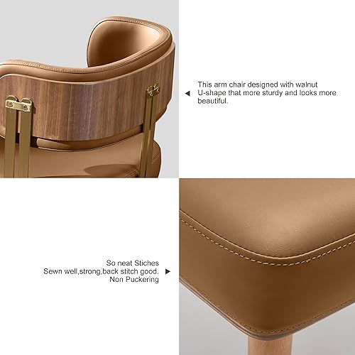 Miniatura 6 de ARTPLAN Silla de comedor moderna de mediados de siglo, sillas de cocina tapizadas de cuero con chapa de madera de nogal y patas de metal dorado,