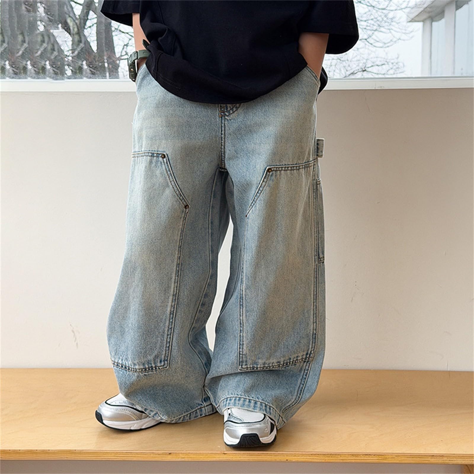 Jeans Baggy Jungen Cargohosen Geradem Bein Denim Hose Streetwear Retro Kinderhosen Loose Fit Hose Wide Leg Outdoor Freizeithose Teenager