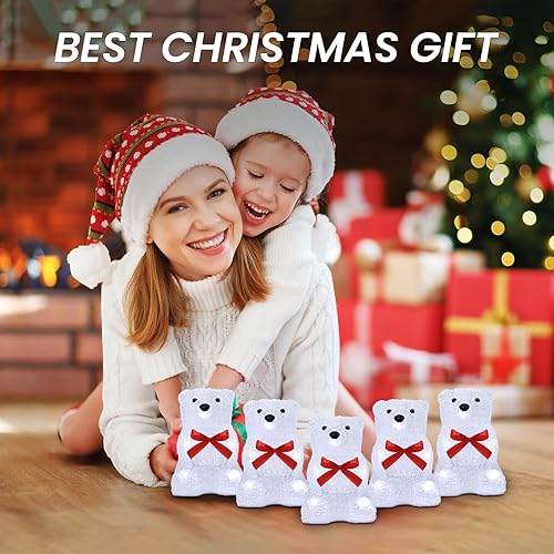 Miniatura 7 de LOFTEK Juego de 5 luces familiares de oso polar de Navidad, acrílico preiluminado, 8 LED, 2 modos con temporizador, luces de decoración de Navidad