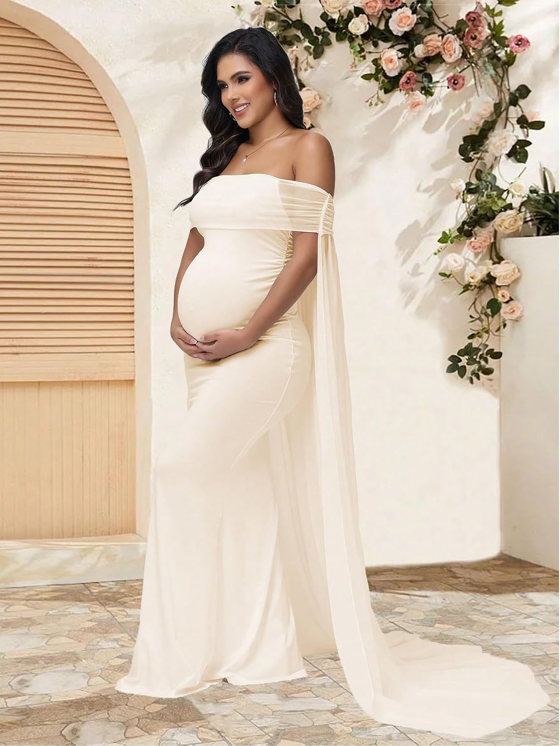 Women's Maternity Mesh Off Shoulder Chiffon Maxi Photoshoot Dress for Baby Shower Cloak Outfit Maxi Photography Gown