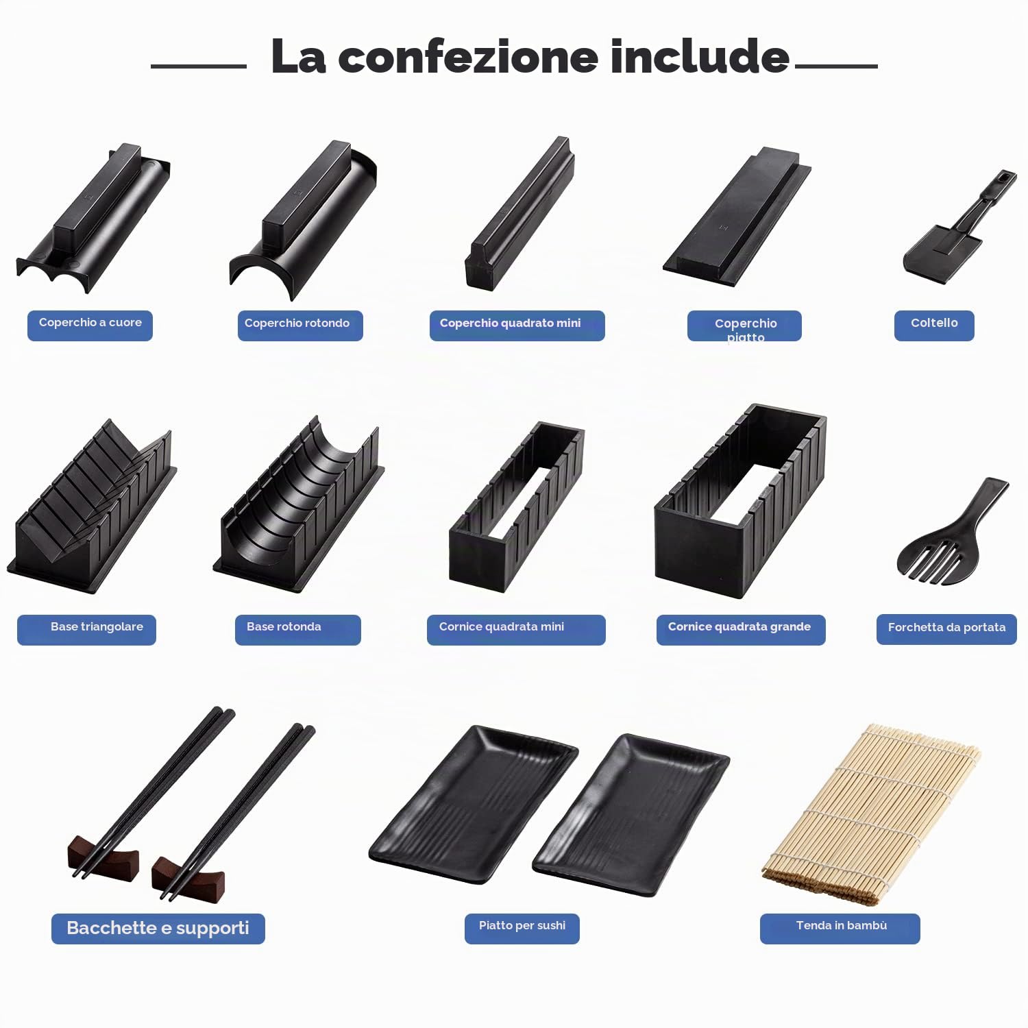 Sushi Maker - Kit di 17 stampi per sushi riso, rotolo per sushi con 8 forme con kit fai da te, sushi piatti, rotoli di bambù e bacchette (nero)