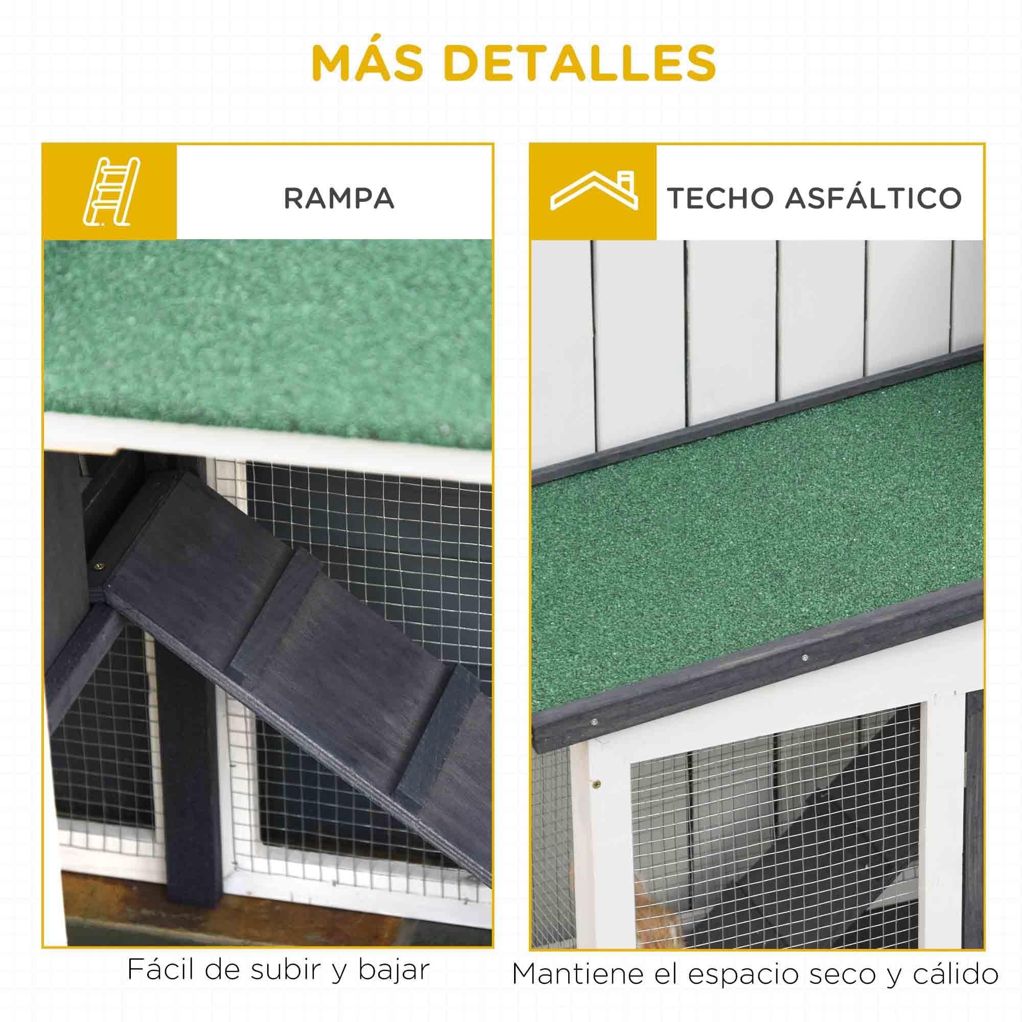 PawHut Conejera de Madera Jaula para Conejos con Techo Abatible Escalera y Bandeja Extraíble Conejera para Exterior 197x49x86 cm Gris