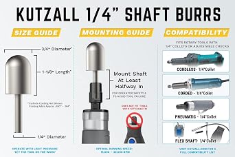Kutzall 3-Piece Rotary Burr Kit - 14 Shaft, Coarse - Wood Carving Bits for Bosch, DeWalt, Milwaukee Tools - Structured Tungsten Carbide