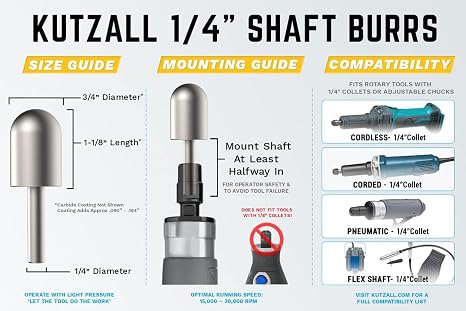 Kutzall 3-Piece Rotary Burr Kit - 14 Shaft, Coarse - Wood Carving Bits for Bosch, DeWalt, Milwaukee Tools - Structured Tungsten Carbide