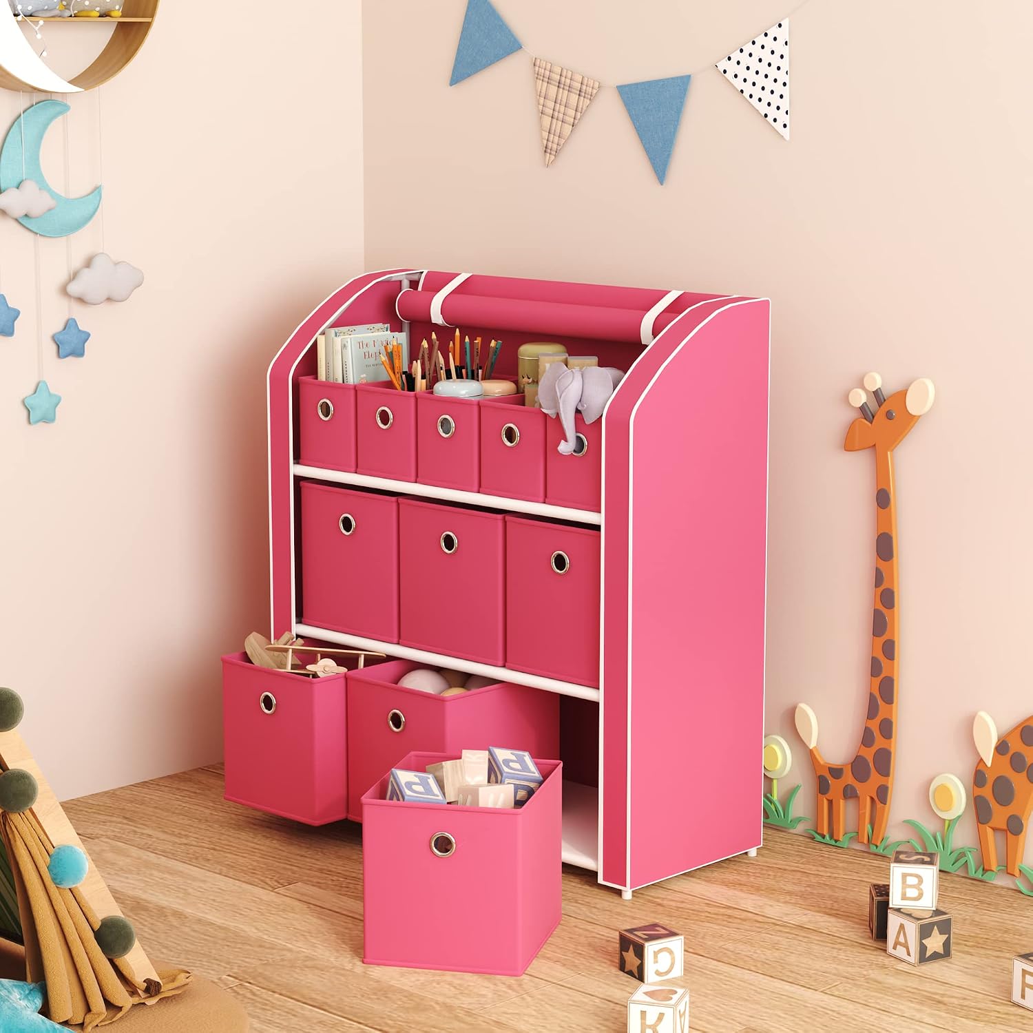 HOMEFORT Multi-Bin Storage Shelf 11 Drawers Storage Chest Linen Organizer Closet Cabinet with Zipper Covered Foldable Fabric Bins and Sturdy Metal Shelf Frame,31"W x12" Dx32"H (Fuchia)