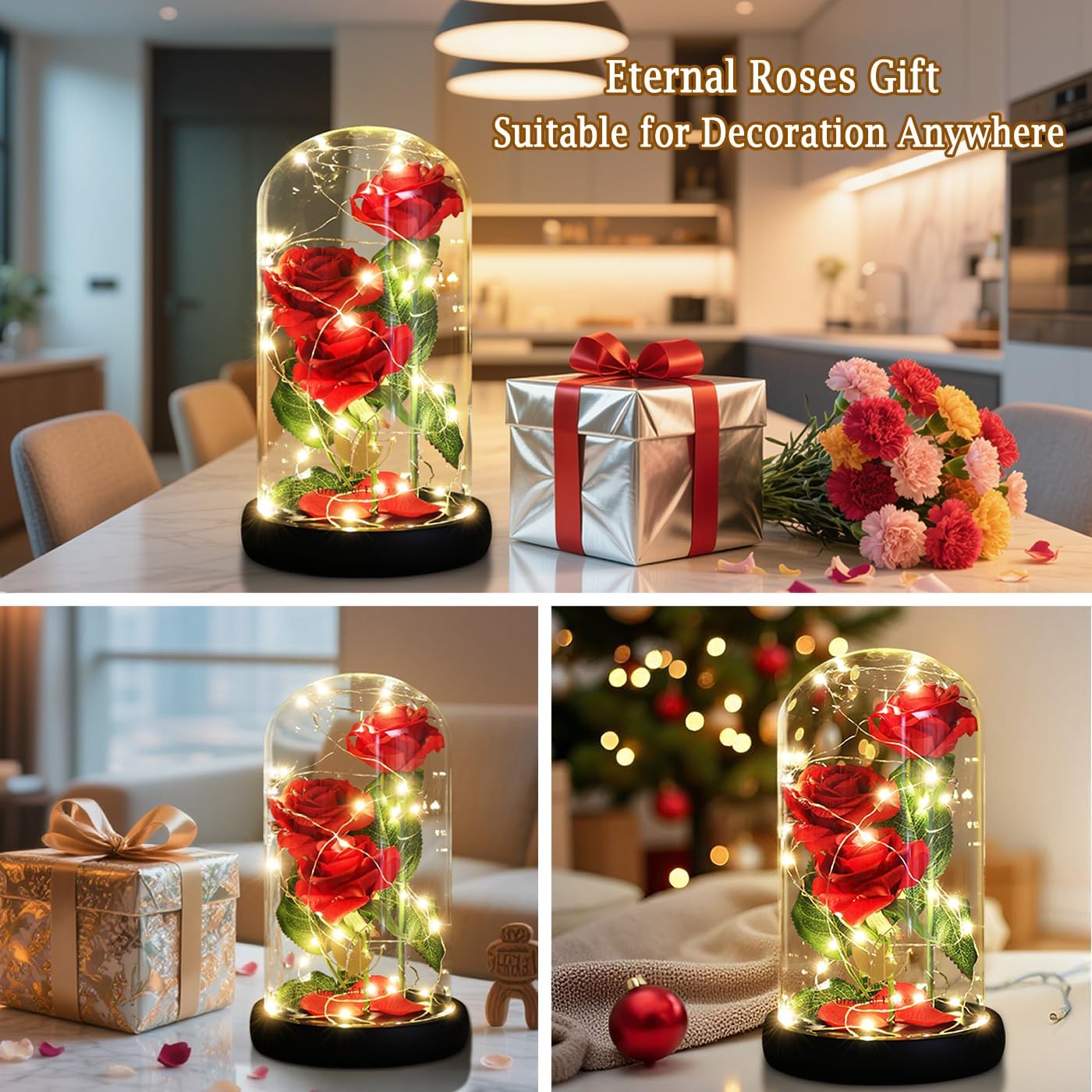 Valentines Day Gifts for Her,Beauty and The Beast Rose in Glass Dome,Anniversary Rose Gifts for Wife,Valentines Flowers Birthday Gifts for Women,Romantic Red Silk Rose Flower Gifts for Women - Image 7