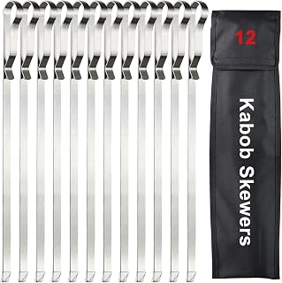 17 Inch Kabob Skewers, AIMEIKI Stainless Steel Skewers for Grilling Long Flat Metal Kabob Sticks, Reusable BBQ Barbecue Skewers for Kabobs Meat Chicken Shrimp Vegetables, 12 Pack with Storage Bag