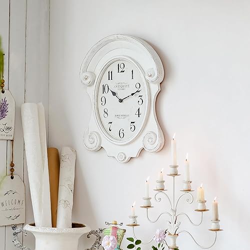 Miniatura 8 de Shabby Chic - Reloj de pared de madera rústico blanco, decorativo, de madera, tallado, irregular, elegante, funciona con pilas, para decoración de