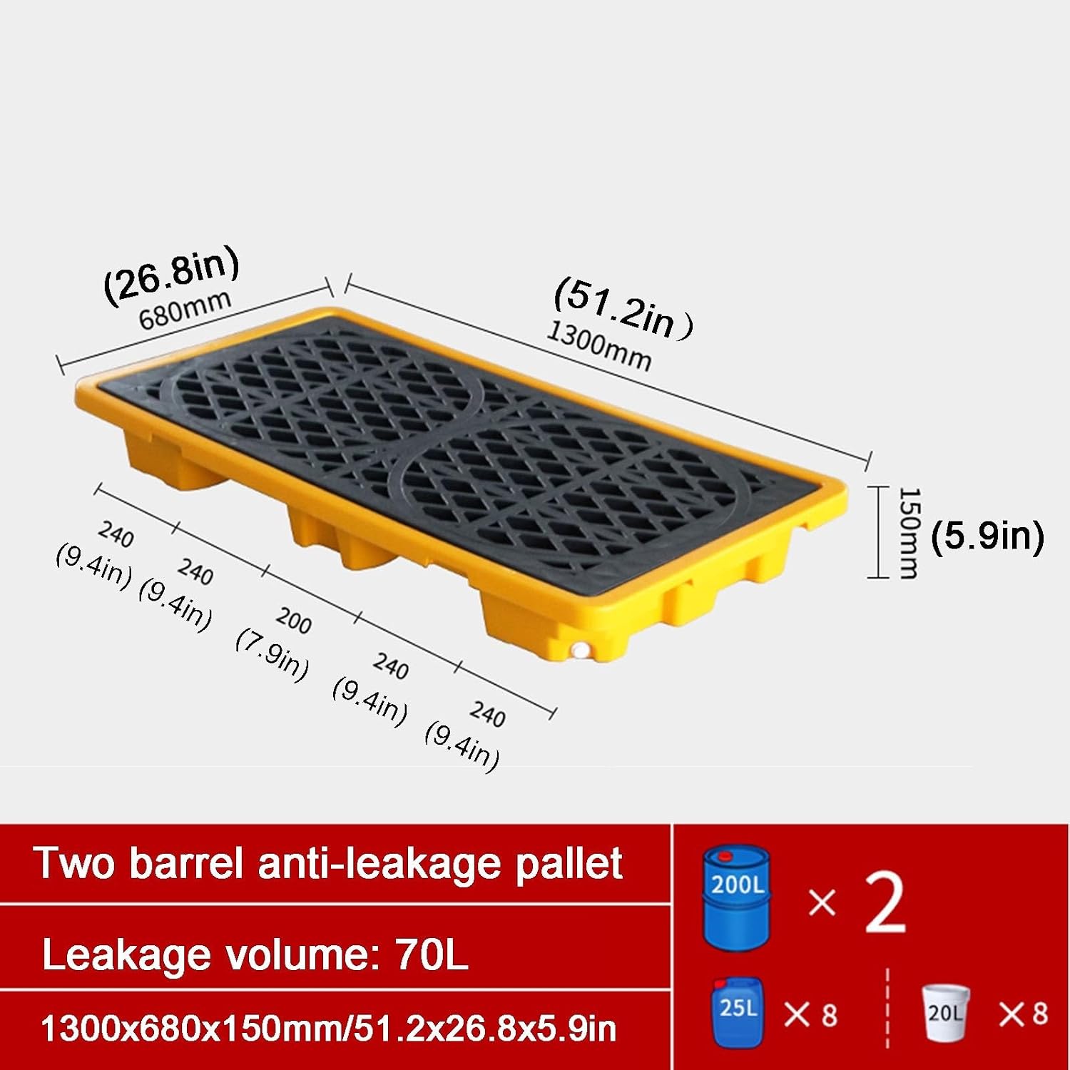 Industrial Oil Spill Containment Tray, Low Profile 1/2 Drum Accumulation Platform with Drain, Forklift Pockets, Heavy Duty Utility Spill Kit, Black & Yellow, 25.8"X14.2"X,Black+YEL
