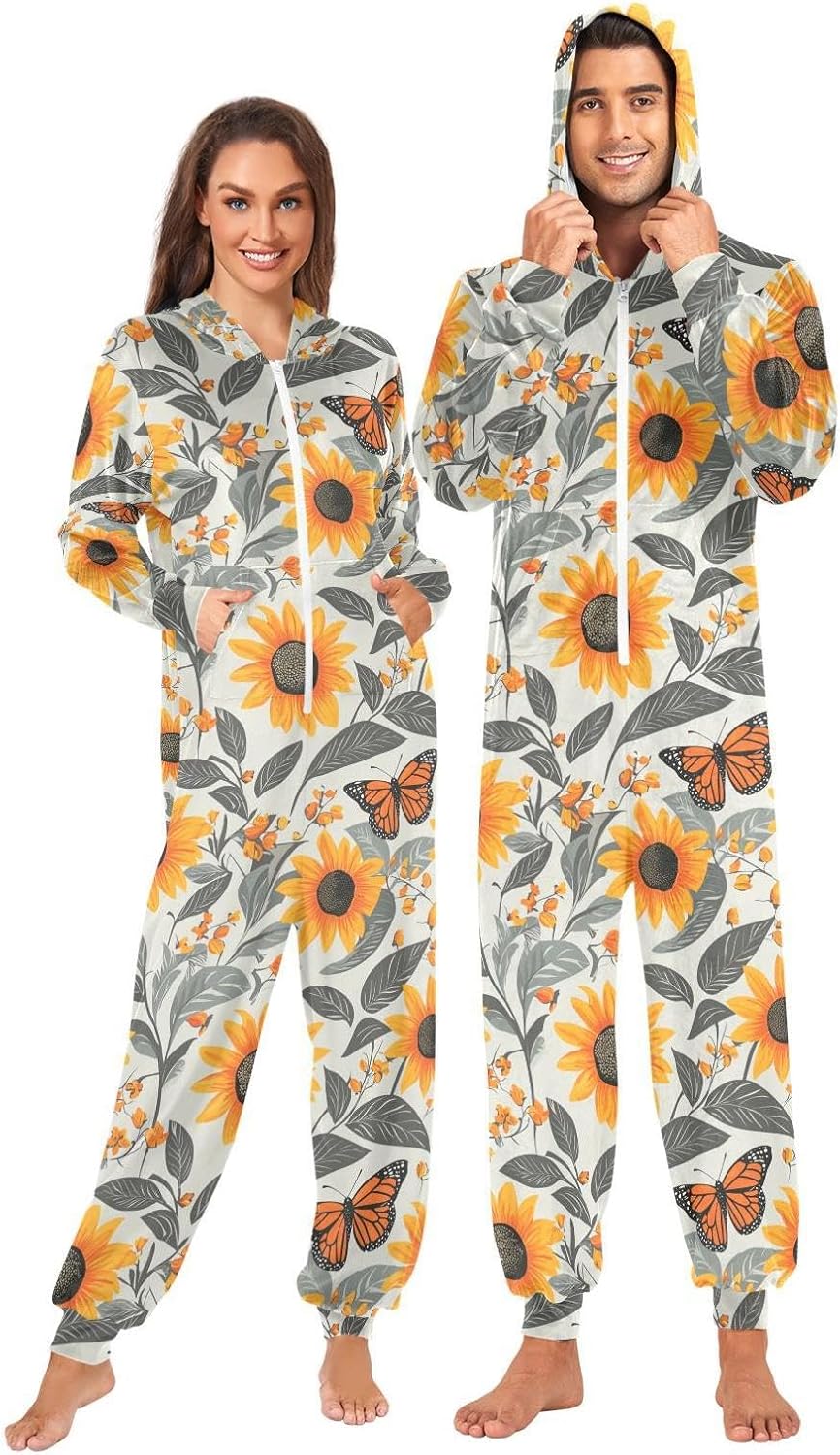 ZZKKO Butterfly Sunflower and Watercolor Grey Adult Onesie Pajamas for Women Men Cozy One Piece Pajamas Costume Zip-Up Hooded