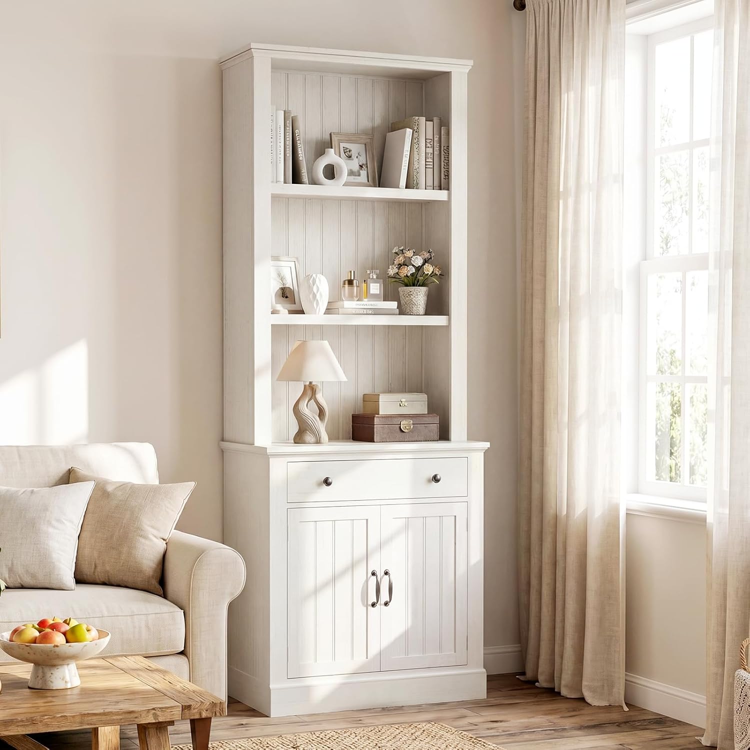 Foxemart 80" Tall Bookshelf with Drawer and Doors, White Bookcase Farmhouse Storage Cabinet with Display Open Shelves for Living Room Bedroom Entryway Home Office & Small Spaces