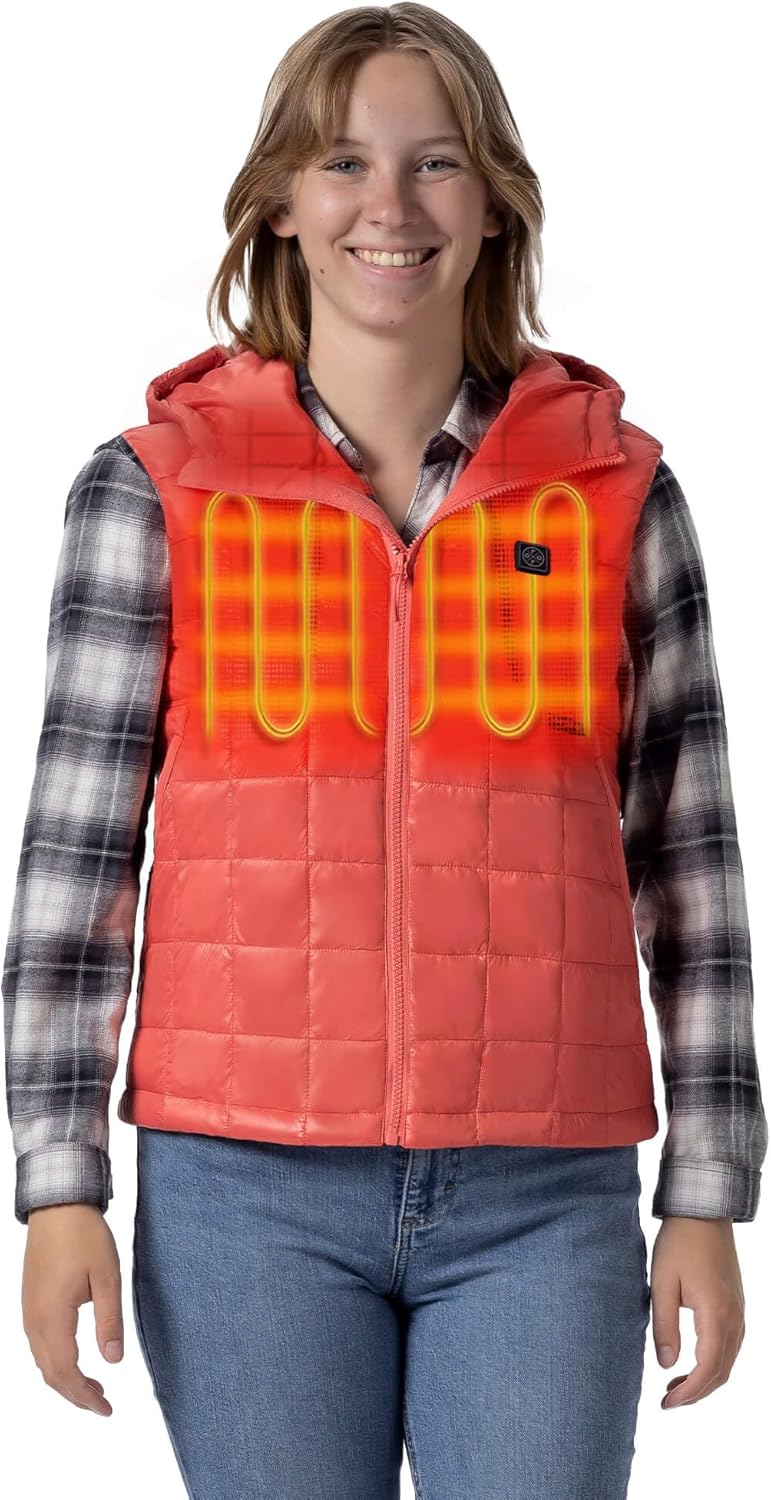 ORORO Women's Junior 4-Zone Hooded Heated Vest with Battery, Lightweight Quilted Heated Vest with Adjustable Hood