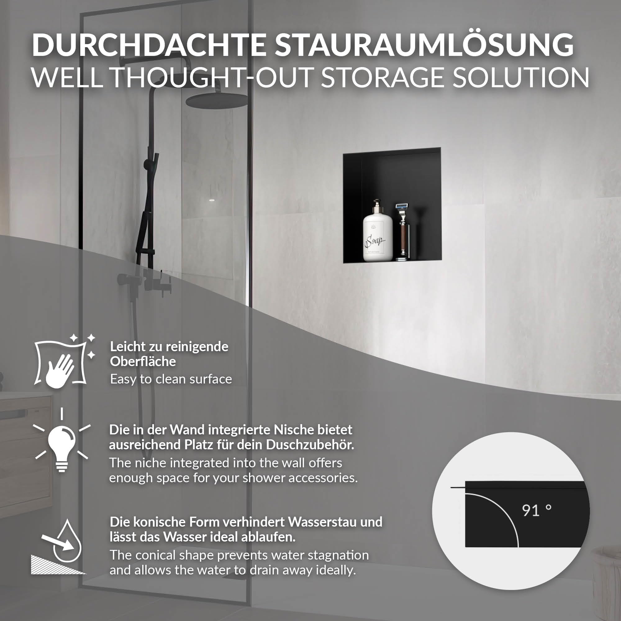LuxeBath Nicho de Ducha de Acero Inoxidable 30x30x10cm cm Negro Marco de Pared Empotrado Alicatable Estante Integrado Instalación Flexible para Almacenamiento Organizador de Utensilios para Baño