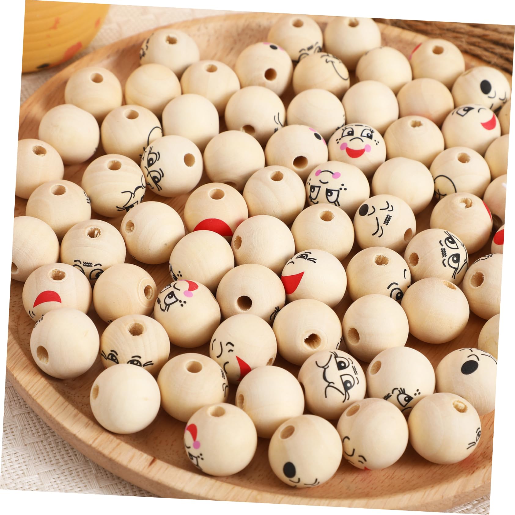 Hohopeti 80 Cuentas de Madera Redondas con Cara Sonriente y Agujeros Grandes para Manualidades, Pulseras y Creación de Guirnaldas