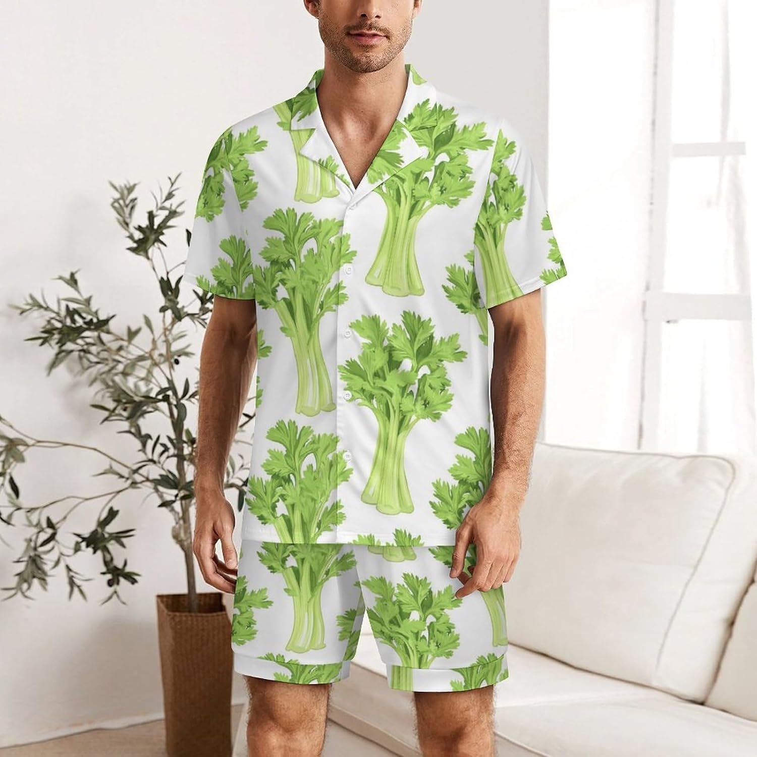 Green Celery Vegetable Men's Short Sleeve Pajama Set Satin Silk Like Lounge Sleepwear