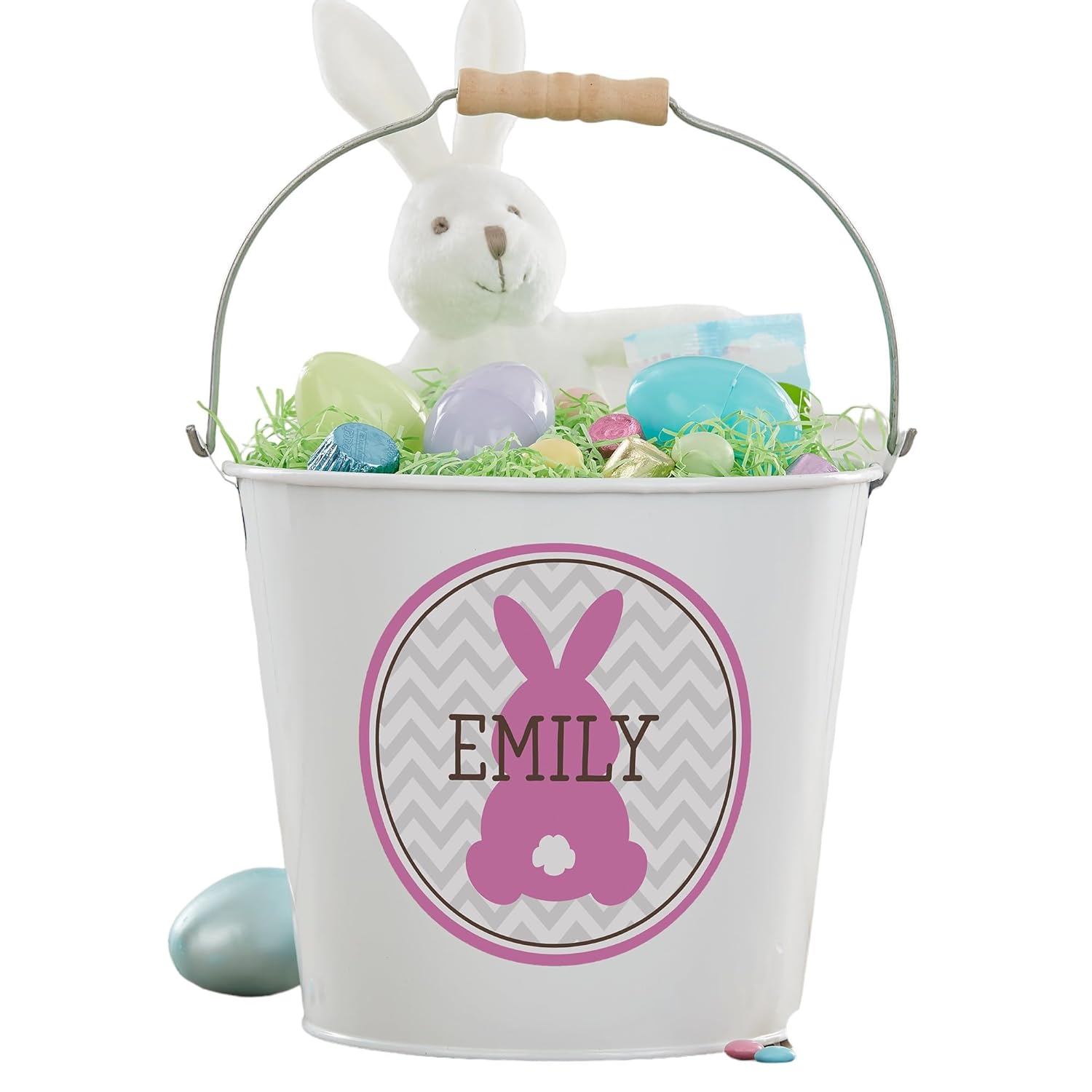 Personalization Universe Easter Bunny Personalized Treat Bucket - Ideal for Easter Basket Stuffers and Candies, Green, Pink, Purple, or Teal Bunny Design - Large Red Bucket