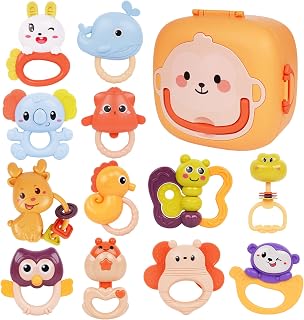 12 Pcs Baby Rattles Toys Set with Box- Teether, Shaker, Spin and Grab Infant Toys Rattles for Babies - Baby Sensory Toddle Toy Set for Early Education & Development- Rattles for Babies 0-12 Months