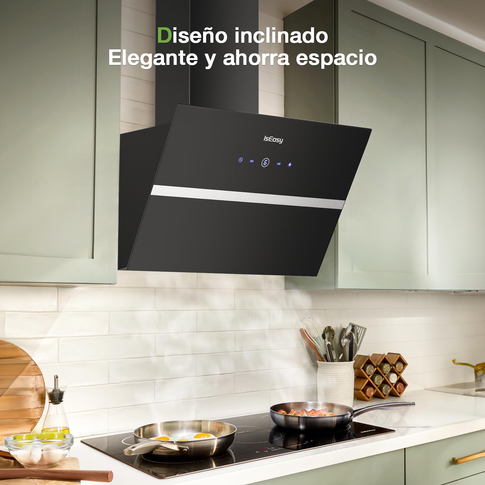 IsEasy Cappa Cucina 60cm, Cappa Aspirante di Scarico/Ricircolo con 578 m³/h Forte Potenza di Aspirazione, 4 Livelli di Regolazione, Funzionamento Touch, 58 dB, Nero, Efficienza A++