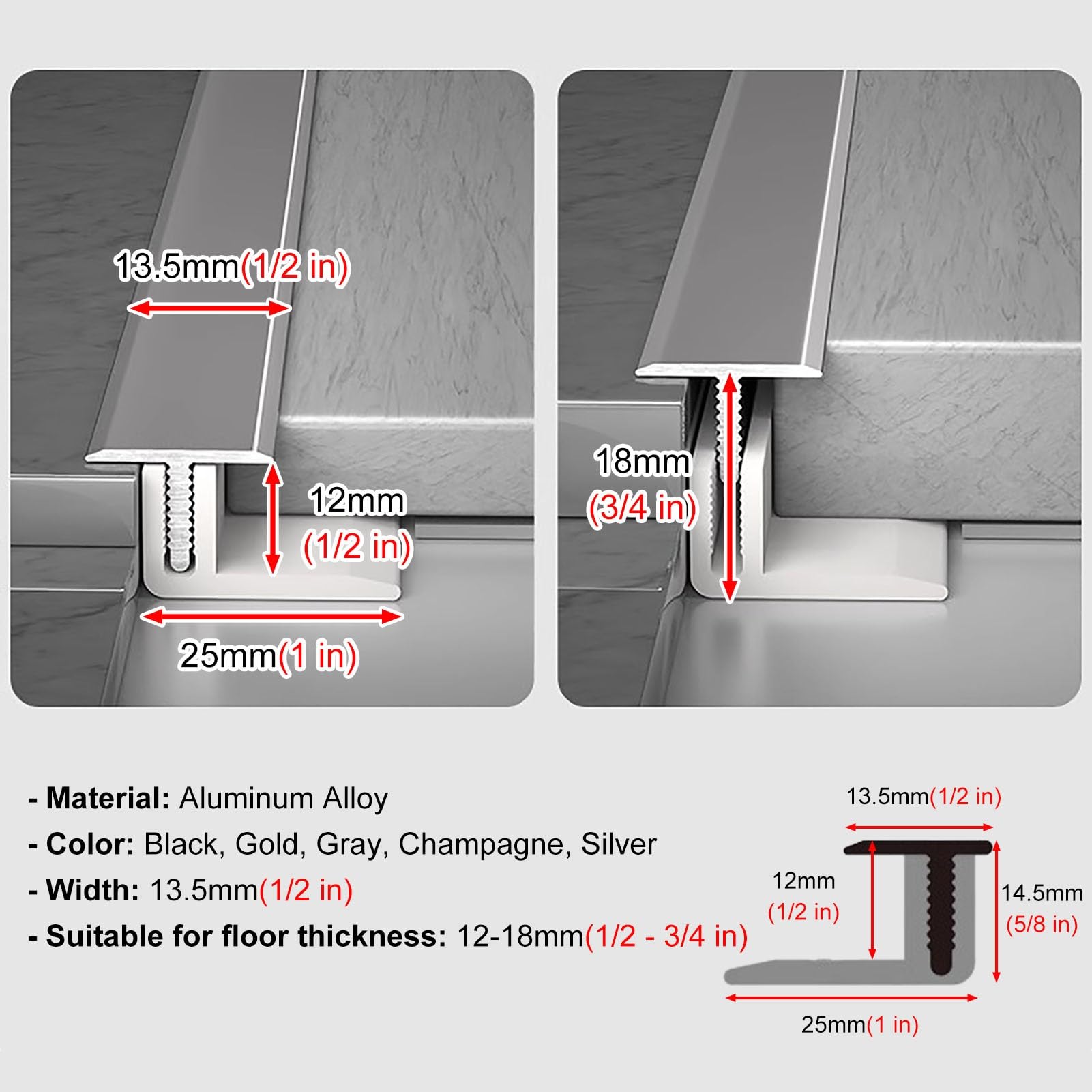 Bordi per pavimenti in marmo Coprigiunto piatto impermeabile a forma di T for bagno, for fessure tra pavimenti in laminato e vinile, 3 pezzi(Black,0.9m(35in) x3)