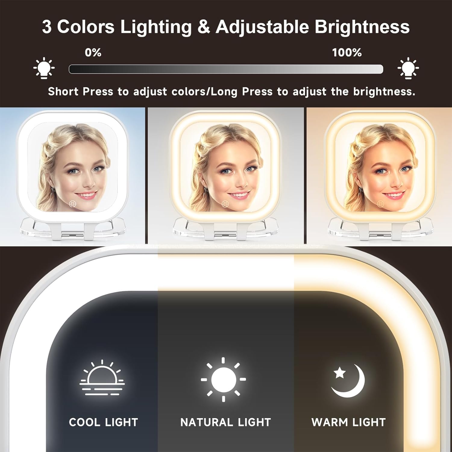 Mocado Compact Travel Makeup Mirror, 1X/30X Magnifying Mirror with Light, Double Sides Compact Mirror with 3 Color Light, Dimmable Handheld Mirror, Rechargeable Travel for Purse,Pocket(White) - Image 5