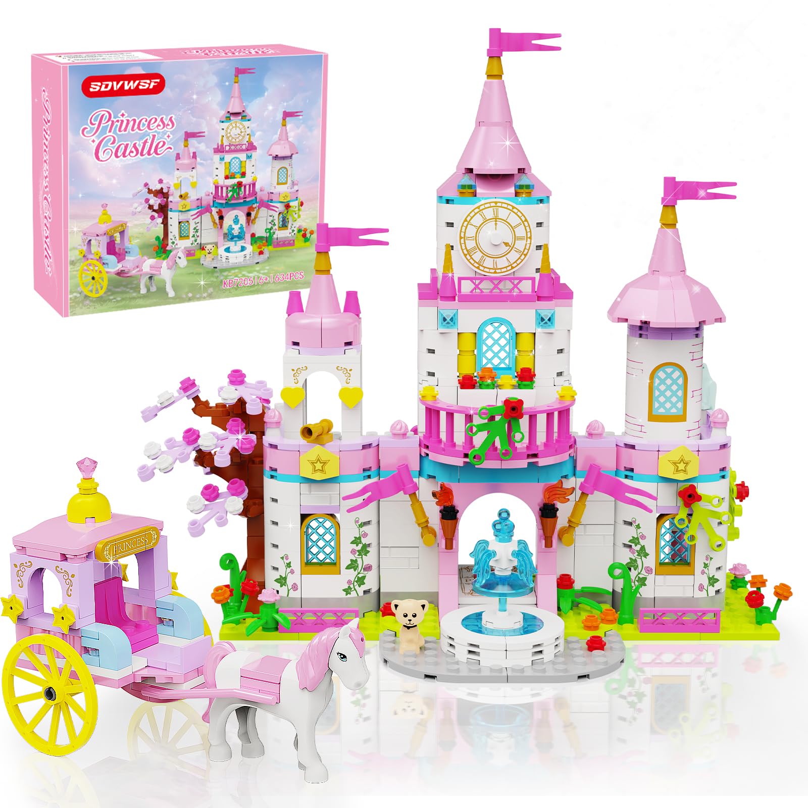 Princess Castle Building Blocks Set for Girls 6+ 634PCS Fairy Tale Dream Castle with Rotating Fountain & Movable Carriage Compatible with Lego Friends Gift for Kids, Girls, Princess Lovers