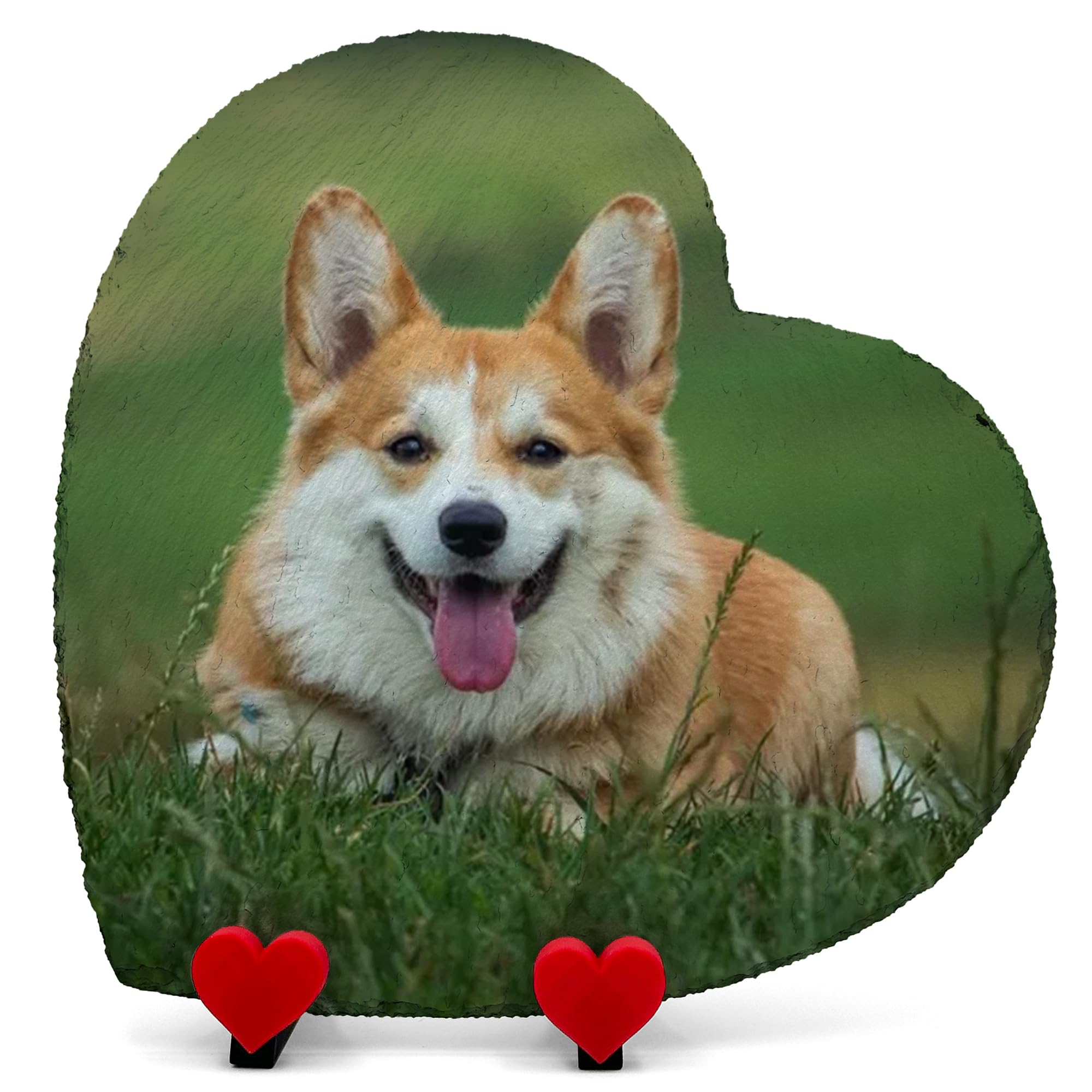 TULLUN Personalised Photo Text Memorial Heart Shape Plaque For Pet Cat Dog Slate Natural Stone Frame Paw Grave Marker with Heart Display Stands - Full Print - V2 Size | 9.8" x 9.8" or 25 x 25 cm |