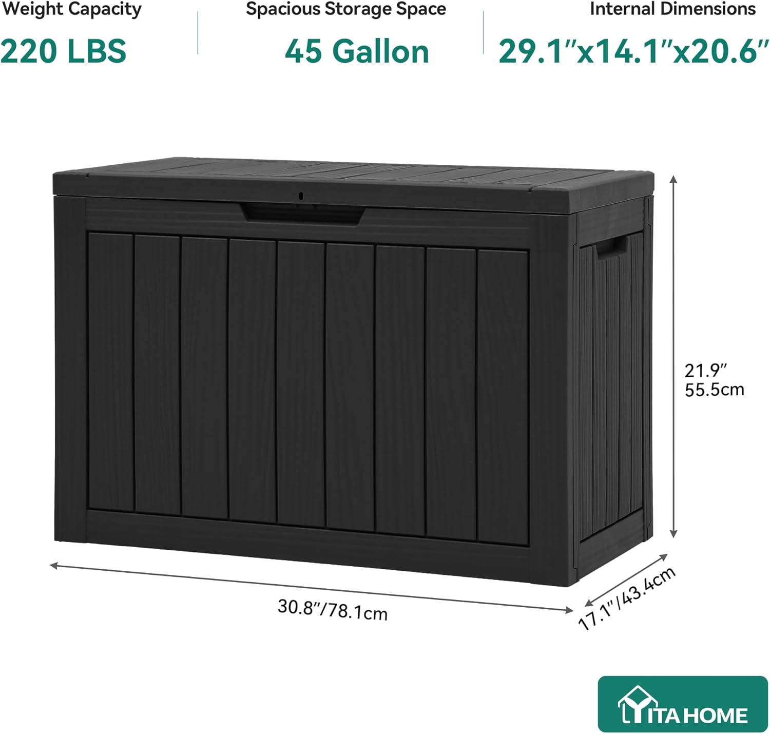YITAHOME Outdoor Storage Box, 45 Gallon Waterproof Resin Deck Box, Lockable Organizer for Patio, Poolside, Deck, Cushions, Throw Pillows, Garden Tools, Black