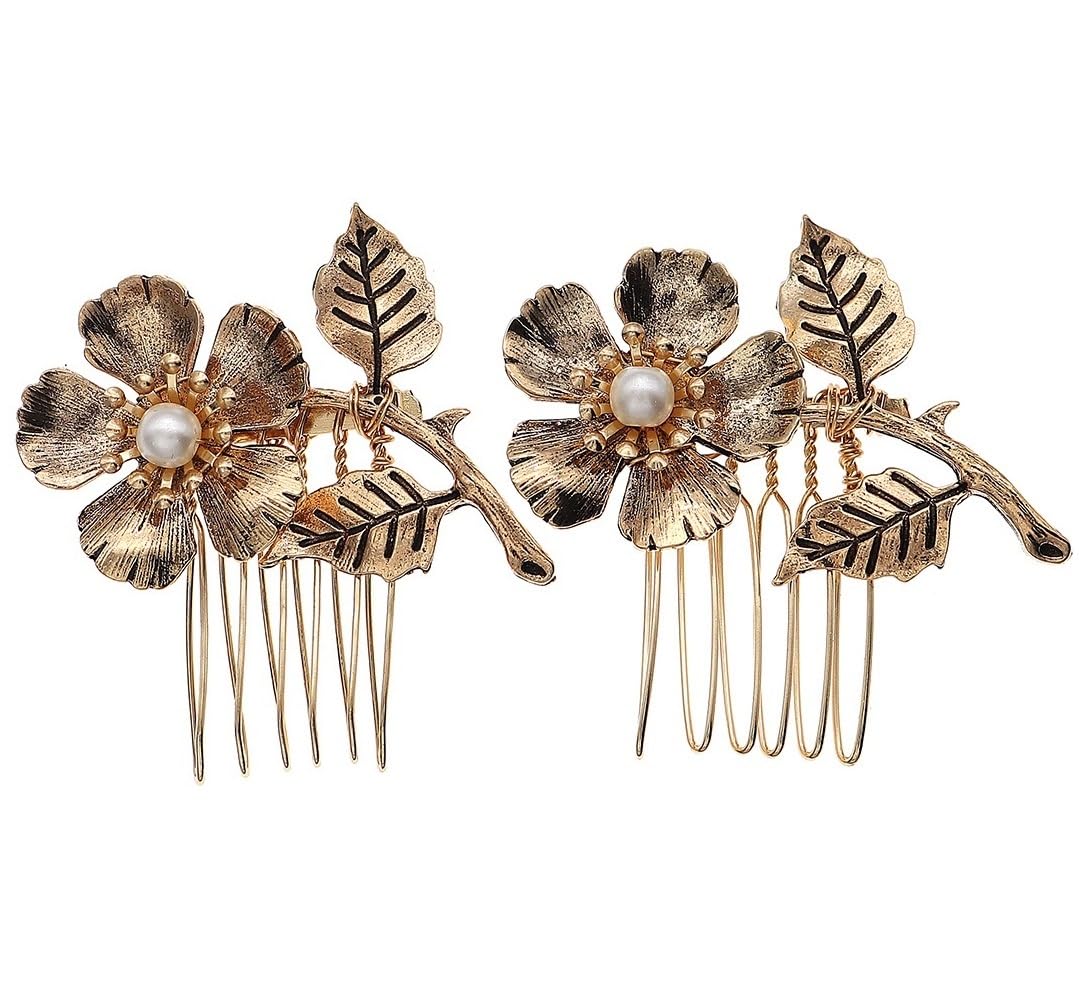 2PCS Gold Small Side Hair Combs for Women Wedding Decorative, Retro Pearl Metal Hair Comb Clips Crystal Bridal Hair Piece Pins for Wedding Accessories