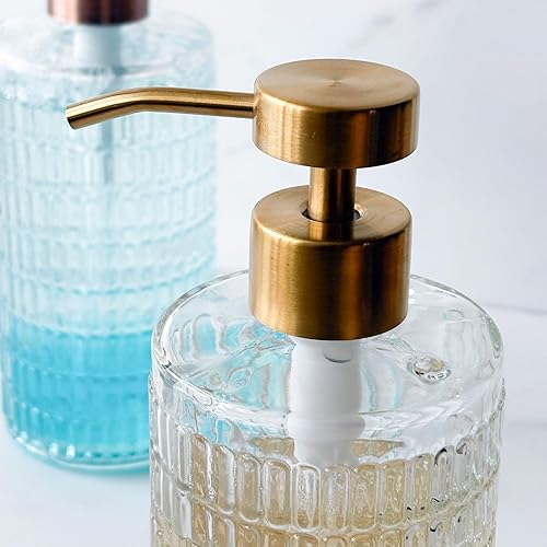 Miniatura 5 de Lunestella Elegante dispensador de vidrio estriado con bomba de acero inoxidable, 17 onzas, botella decorativa para baño y cocina (dorado)