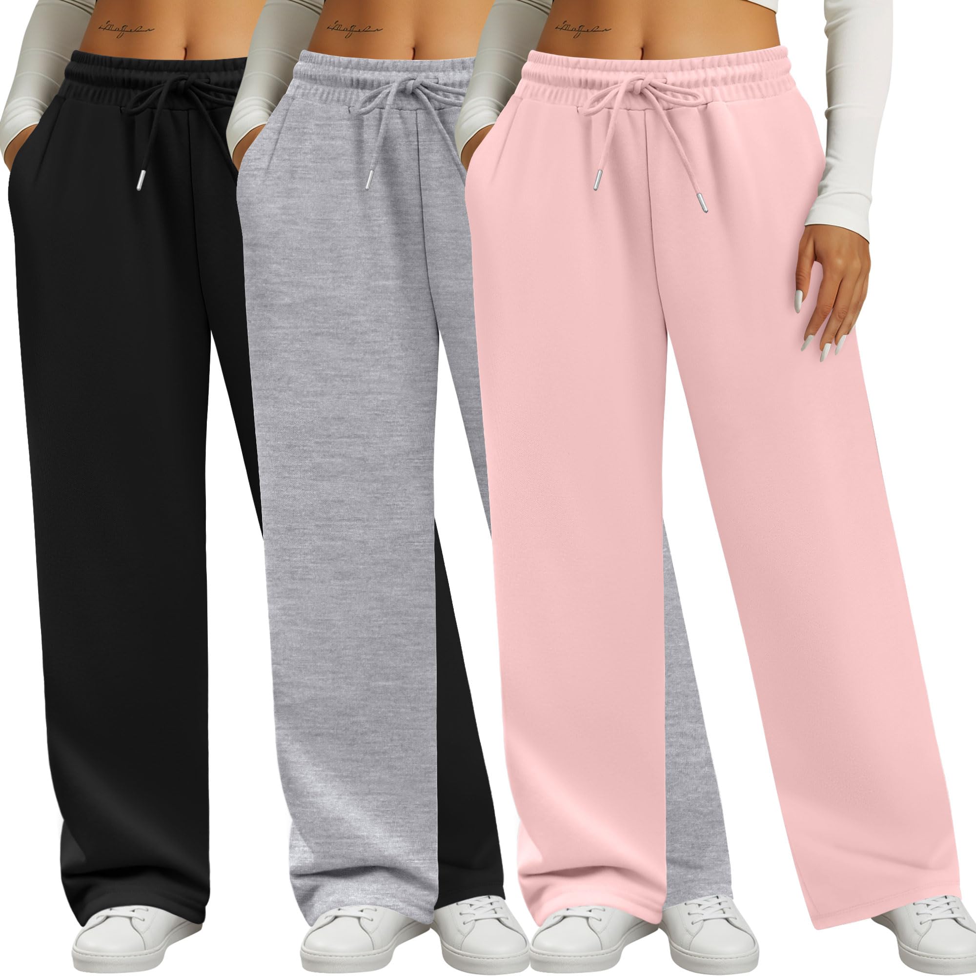 Neer 3 Pack Womens Sweatpants with Pockets High Waisted Casual Yoga Pants Cozy Lounge Drawstring Loose Wide Leg