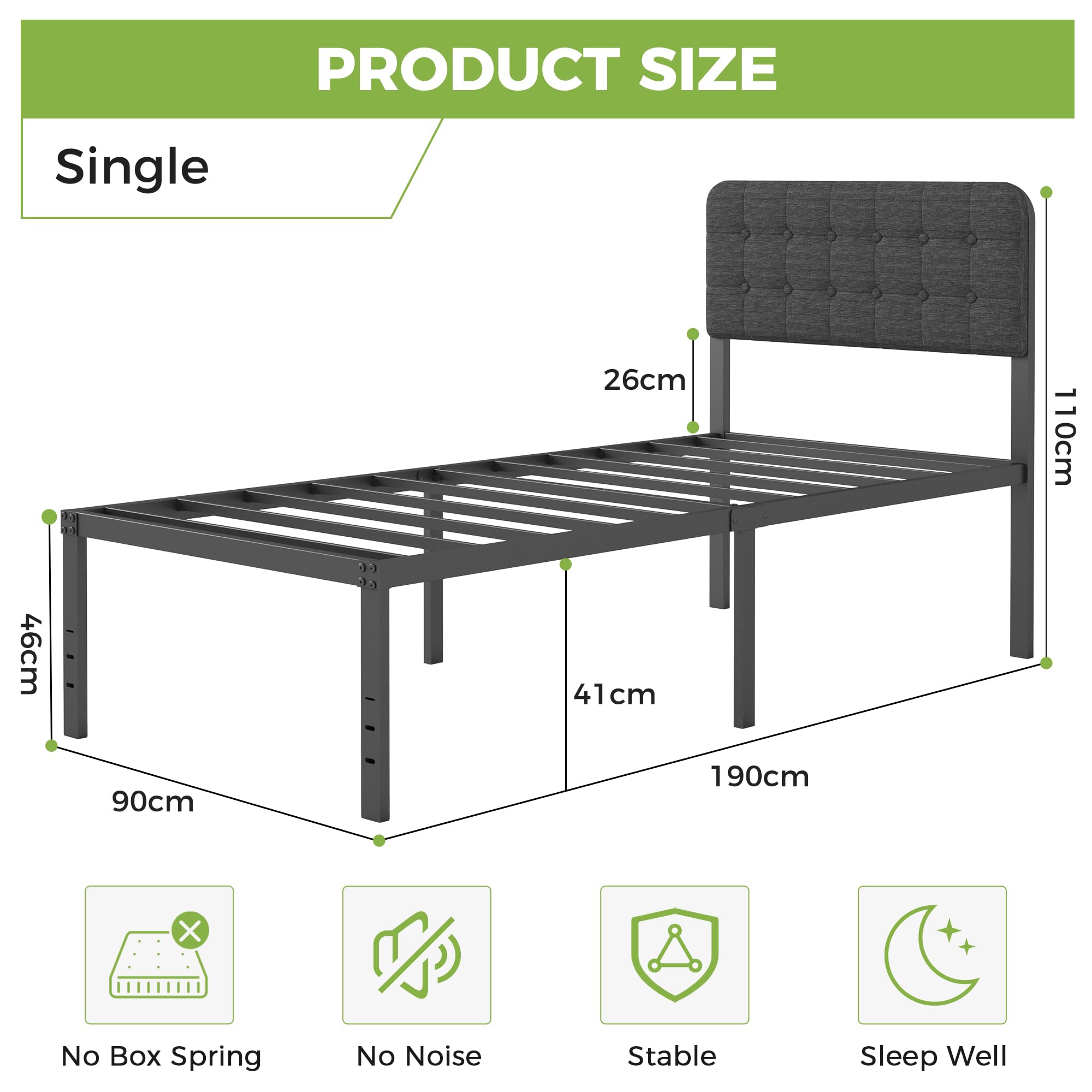 Cama 90x190 con Cabecero Tapizado Curvo, Somier de Metal con Lamas de Acero, Altura 46 cm, Almacenamiento, Negro