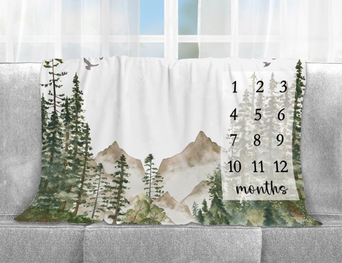 Yuzioey Adventure Awaits Milestone Blanket, Forest Mountain Baby Growth Chart Monthly Blanket, Watch Me Grow Woodland Mountain Tree Baby Nursery for New Moms Shower(50"x40")