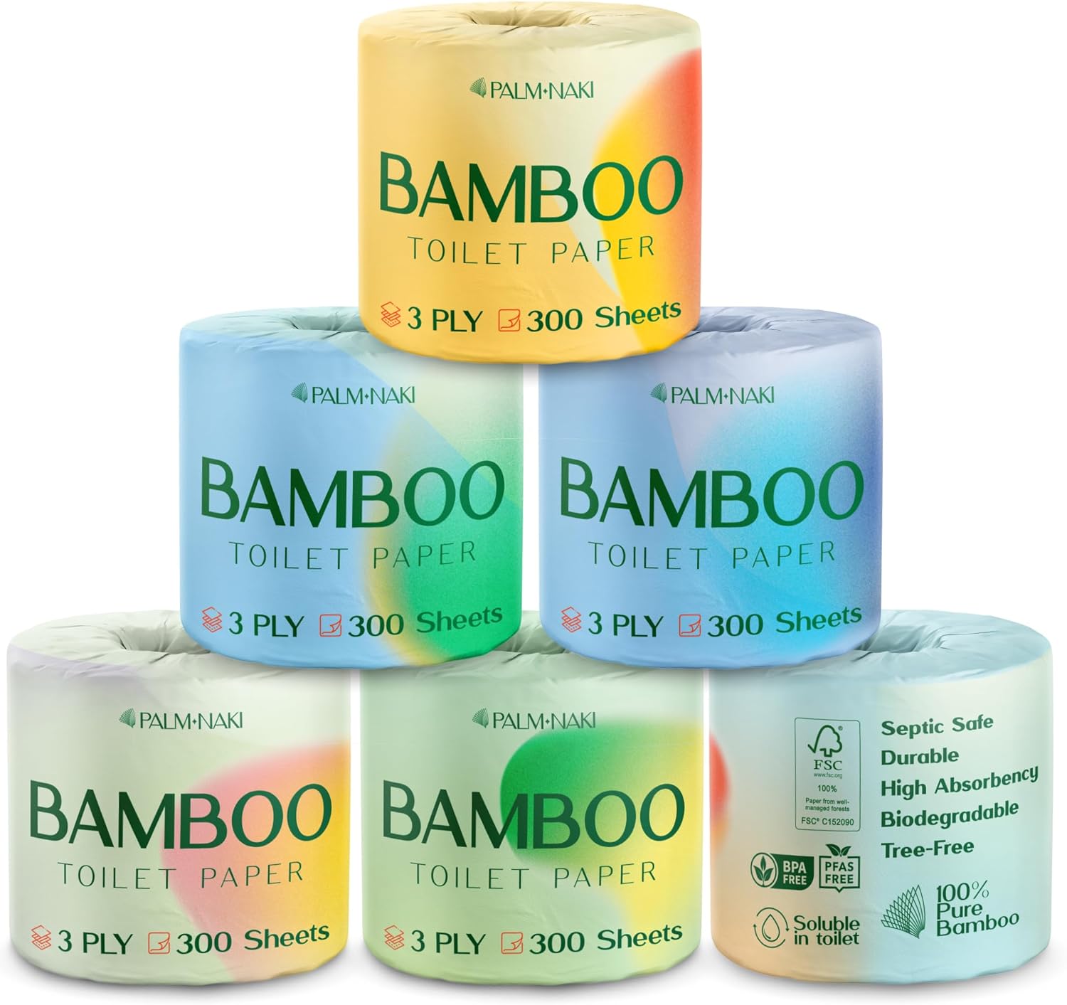 Premium Bamboo Toilet Paper | 3-Ply – Strong & Absorbent | Tree-Free, FSC Certified, BPA/PFAS-Free | Septic-Safe, Lint-Free | 6 Rolls (300 Sheets/Roll) | PALM NAKI