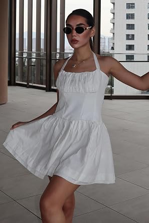 Madmext Beyaz Boyundan Ba lamal  Mini Elbise Mg2353