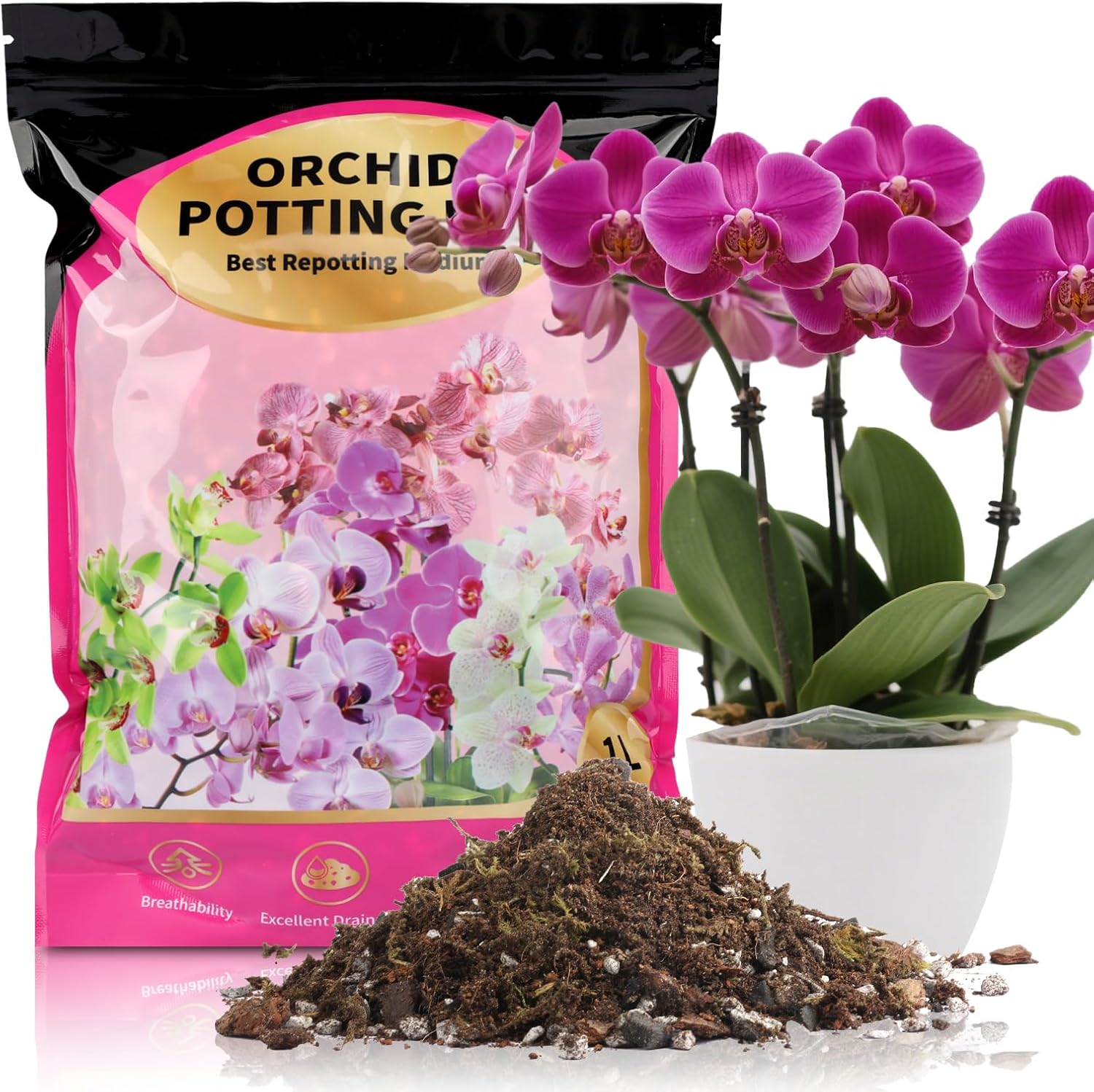 Organische Orchideenerde mit Rindenmischung – All-Natural, Schnelle Entwässerung für Phalaenopsis, Dendrobium, Oncidium | 1 L Hochwertige Orchideen Pflanzerde