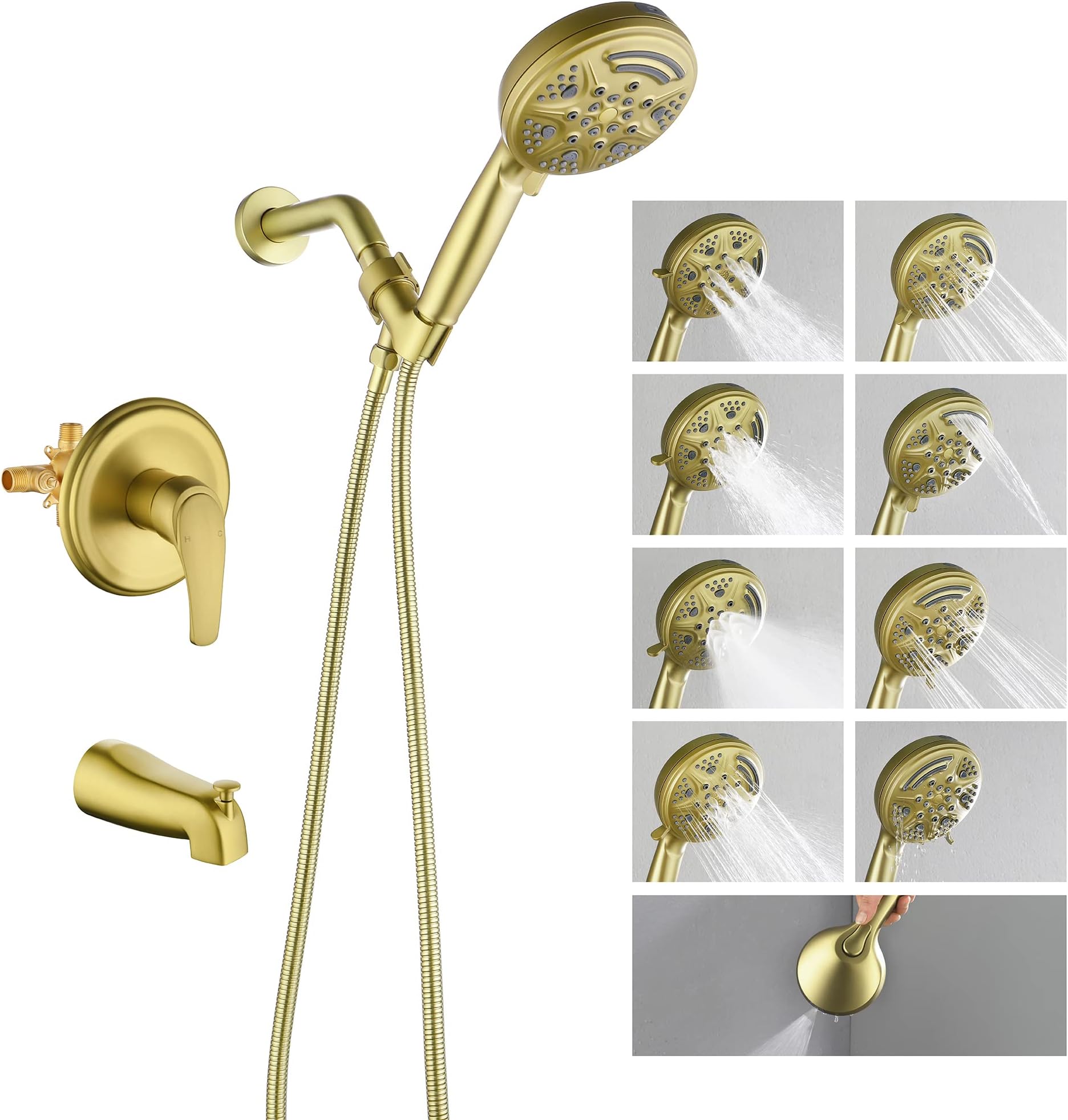 SHAMANDATub Shower Faucet Set with Valve, Waterfall Tub and Shower Faucet Combo Set, Bathtub Faucet with 5 Inch & 9 Setting Handheld Sprayer, Wall Mount Shower System Brushed Gold