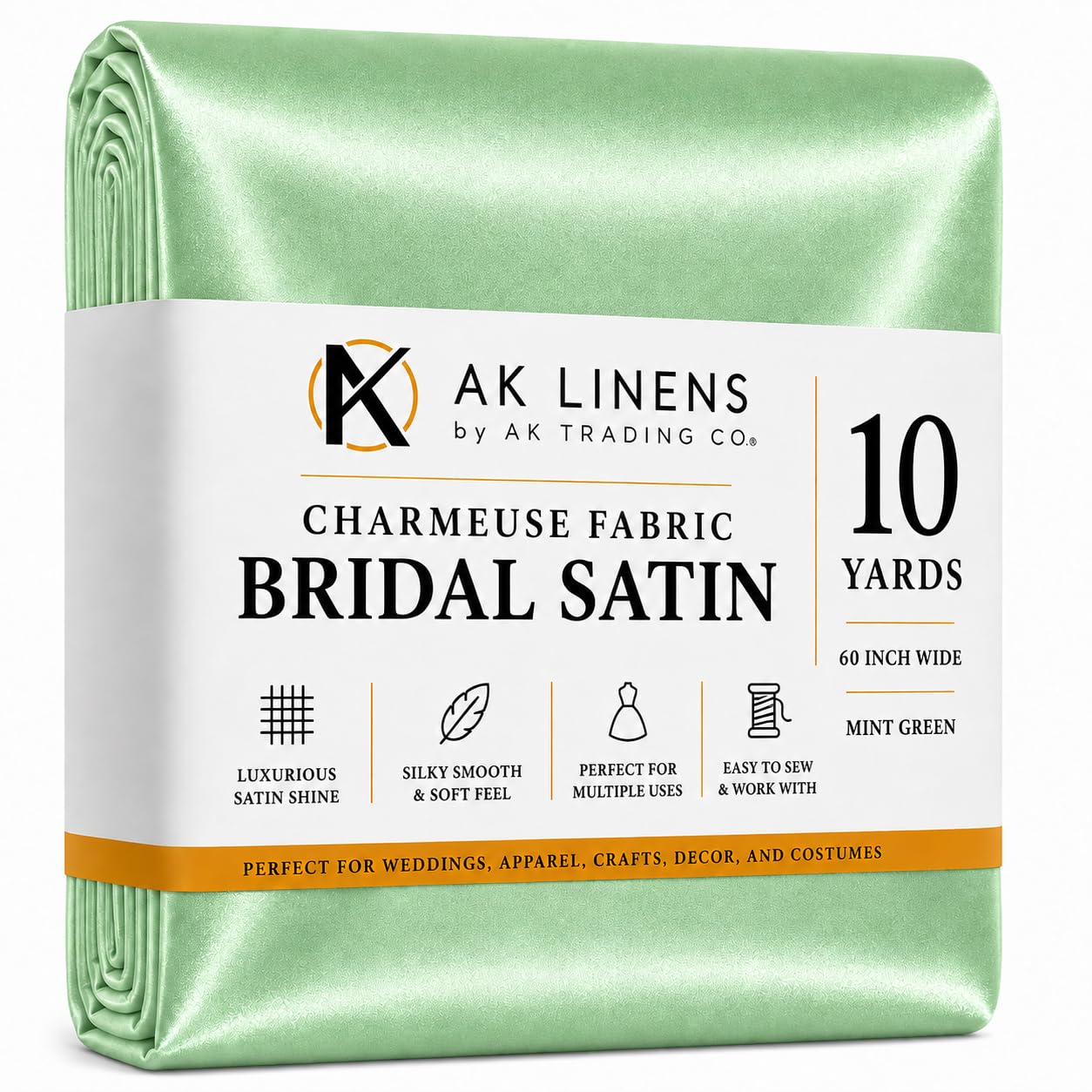 AK TRADING CO. The Yard-Charmeuse - Tela de satén nupcial de 60 pulgadas de ancho para bodas, ropa, manualidades, decoración, disfraces (menta, 10 yardas)