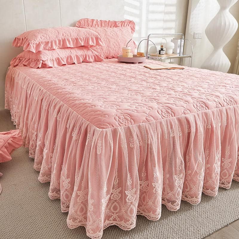 Miniatura 8 de Flower Pattern Quilted Brocade Cotton Bedspread with Lace Ruffled Bed Skirt, Queen Size, Beige