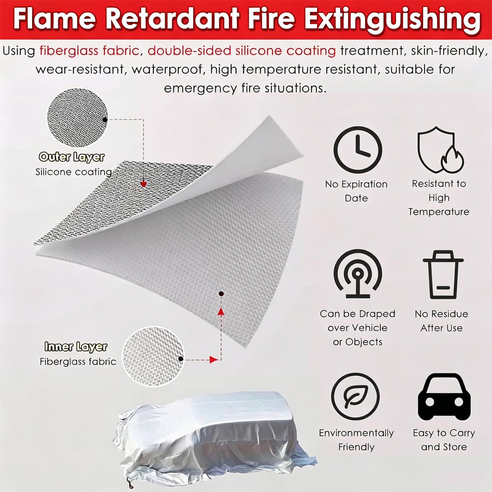 Manta Ignífuga Para Coches Eléctricos, Manta Ignífuga De Emergencia Para Coche, Manta Extintora De Seguridad De Silicona De Doble Cara Para Supervivencia Y Supresión De Incendios 3x4m/9.8x13.1ft