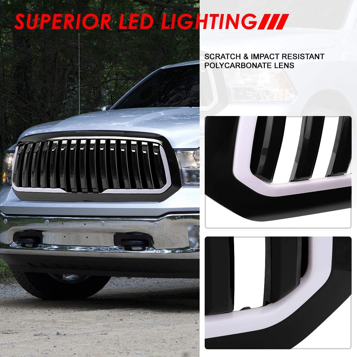 Auto Dynasty Front Grille Grill with LED Daytime Running Lights Compatible with 2013-2018 Ram 1500/2019 Ram 1500 Classic, Badgeless Vertical Style Front Bumper Hood Grille, Gloss Black