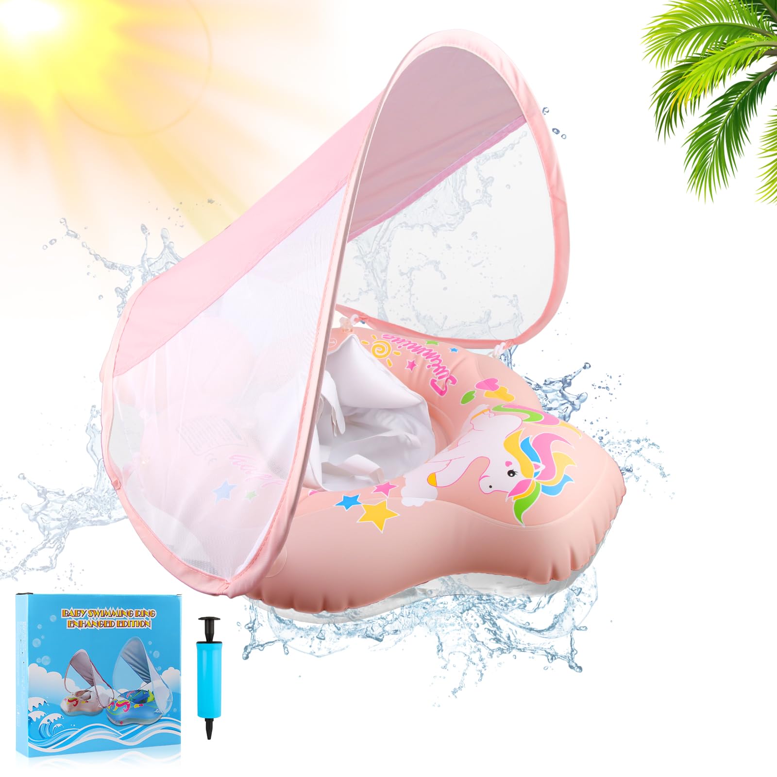 Natación para Bebé, Flotador Bebé con Parasol Extraíble, Bebé Nadar Anillo, Flotador para Bebé Piscine, Apto para Bebés de 6 Meses a 6 años, con Herramienta de Inflado