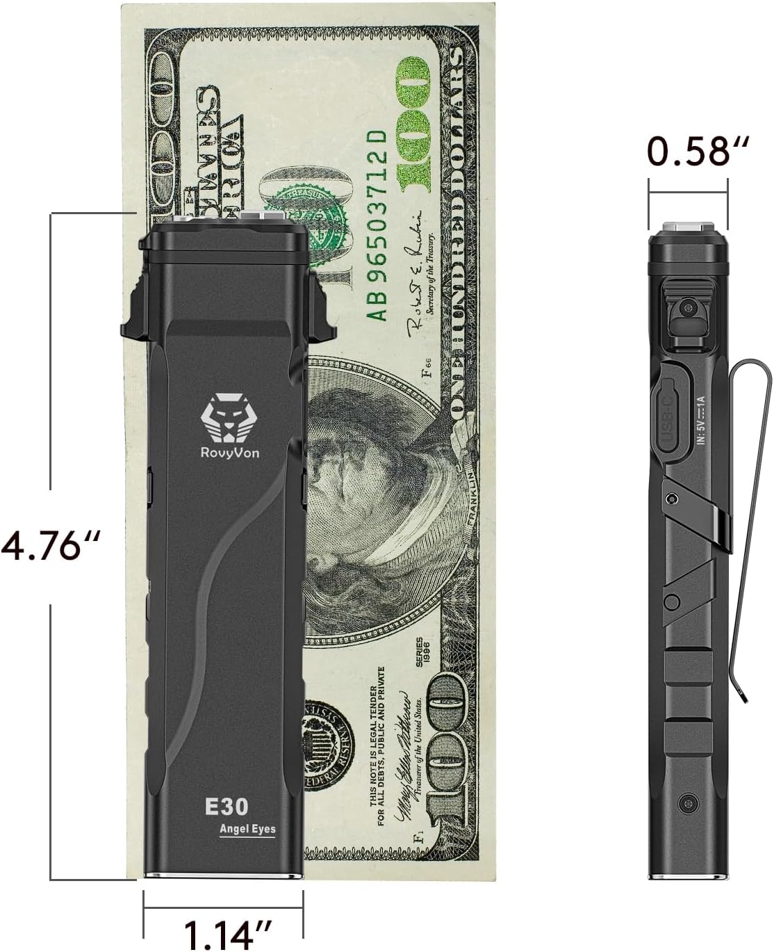 RovyVon Angel Eyes E30 Flat EDC Flashlight Rechargable, 2600 Lumens, Dual Battery System, Includes USB-C Cable and Clip, Compact Bright Pocket Flash Lights IP67 Waterproof for Camping, Hiking