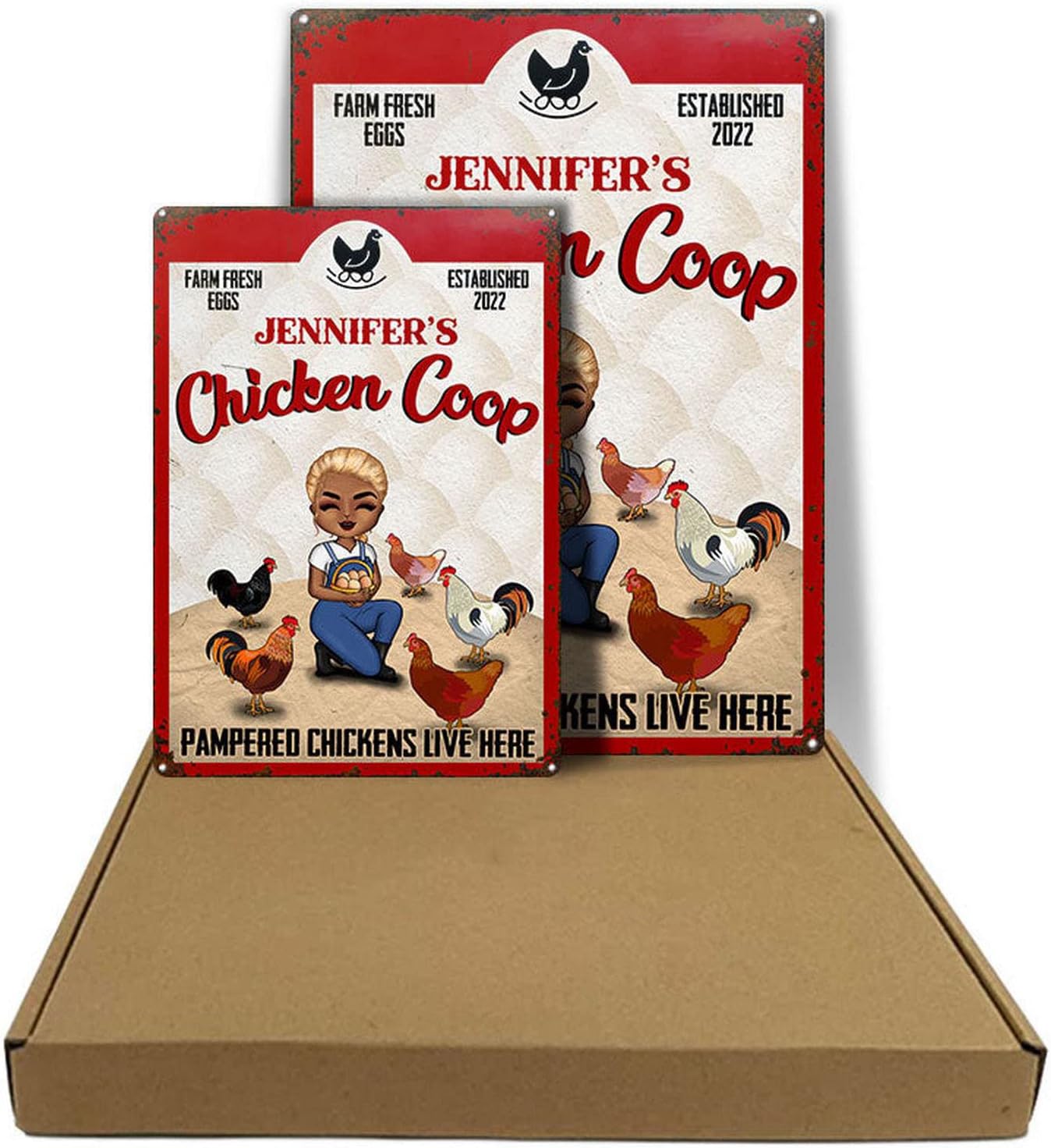 Personalized Chicken Coop Signs Vintage Rustic Metal Signs For Farm Yard Decor, Home Kitchen Outdoor Decor for Outdoor Farmhouse, Pampered Chickens Live Here Farm Fresh Eggs