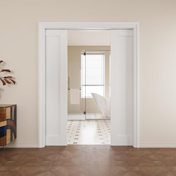 56 x 80 (Double 28) 1 Panel Pocket Doors with Soft Close- Solid Core, Pre-Finished/Paintable White, Hardware & Frames Included (Bathroom/Bedroom)