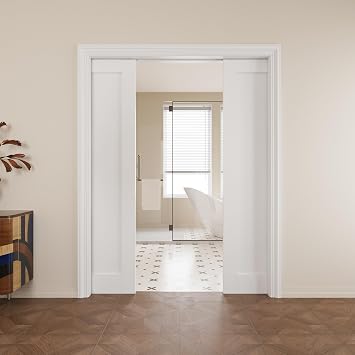 56" x 80" Double 28" 1 Panel Pocket Doors with Soft Close- Solid Core, Pre-Finished/Paintable White, Hardware & Frames Included Bathroom/Bedroom