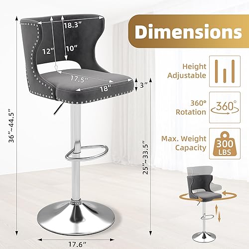 Miniatura 3 de Westice Juego de 2 taburetes de bar, taburetes de bar giratorios de terciopelo ajustables con respaldo hueco, ribete de remache y base cromada