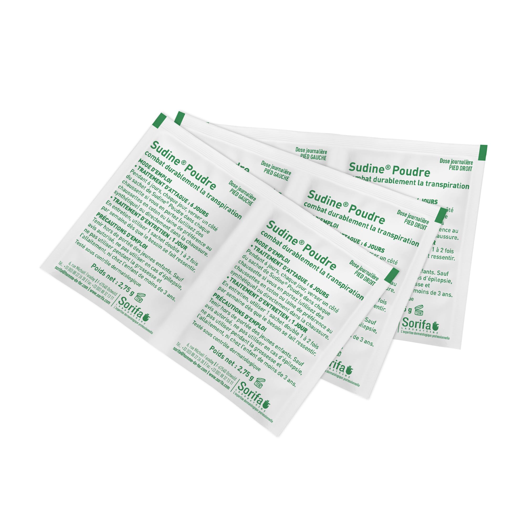 Set di 6 - Sudine Polvere Trattamento antitraspirante - Piedi - Regola il sudore - Assorbe - Previene le micosi - Senza sali di alluminio - Made in France - Scatola 6 bustine doppie
