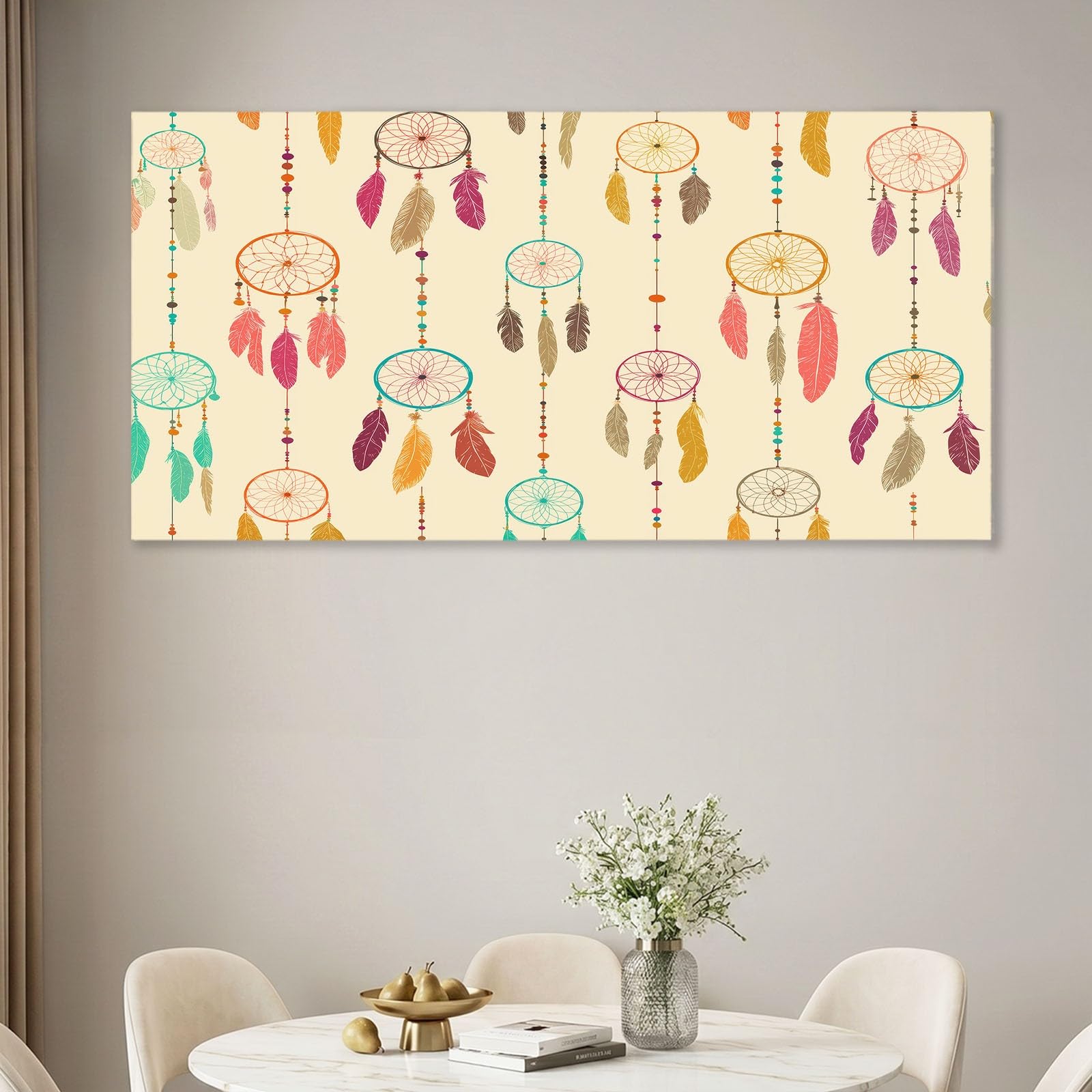 Leinwandbild 90 x 60 cm Wandbild Böhmisch - Bild auf Leinwand mit Braun Traumfänger Federn, Wanddeko für Wohnzimmer, Schlafzimmer, Büro Deko Zimmer